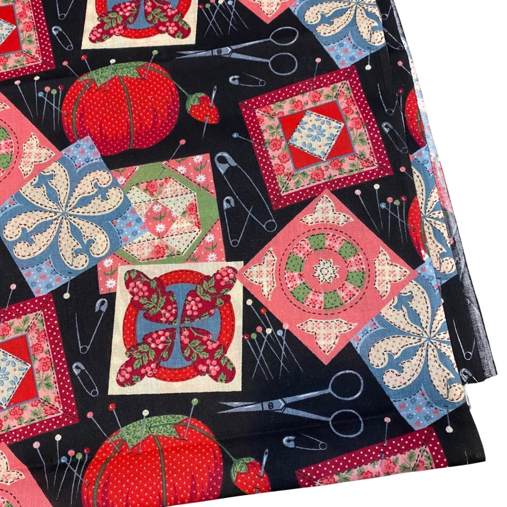 Sewing Notions Cotton Fabric Black Quilt Blocks Pincushion Scissors Print 2 yds